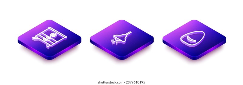 Set Isometrische Linie Kommode, Lampenaufhängung und Pouf Symbol. Vektorgrafik