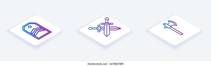 Establecer la línea isométrica Chevron, la espada medieval cruzada y el hacha medieval. Botón cuadrado blanco. Vector