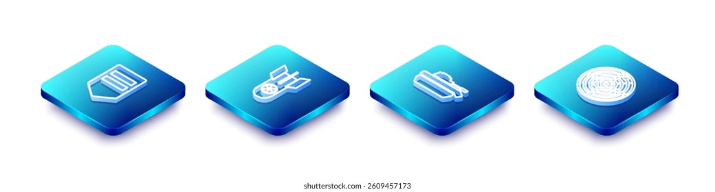 Set Isometric line Chevron, Nuclear bomb, Military tank and Radar with targets icon. Vector