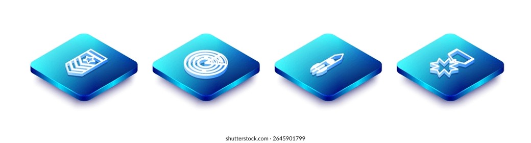 Definir linha isométrica Chevron, Radar com alvos, foguete nuclear e ícone da medalha de recompensa militar. Vetor