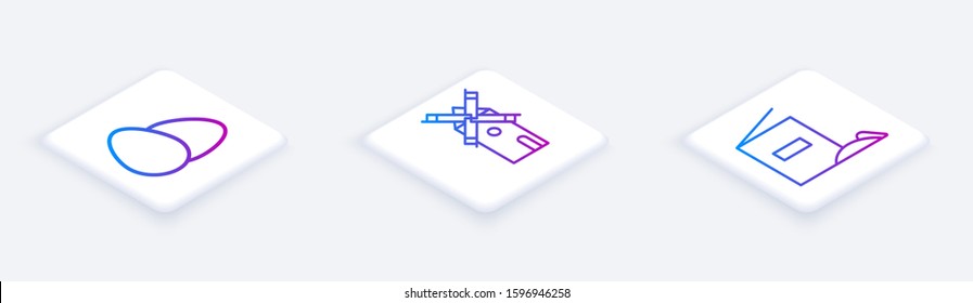 Set Isometric line Chicken egg , Windmill  and Flour pack . White square button. Vector