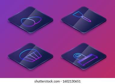 Set Isometric line Chicken egg , Muffin , Spatula  and Scales . Blue square button. Vector