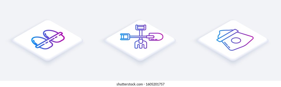 Set Isometric line Chicken egg in box, Shovel and rake and Bag of flour. White square button. Vector