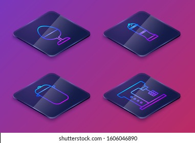Set Isometric line Chicken egg on a stand, Cooking pot, Pepper and Electric mixer. Blue square button. Vector