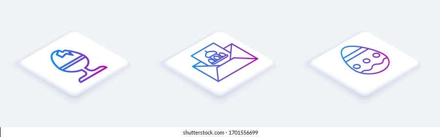 Set Isometric line Chicken egg on a stand, Greeting card with Happy Easter and Easter egg. White square button. Vector