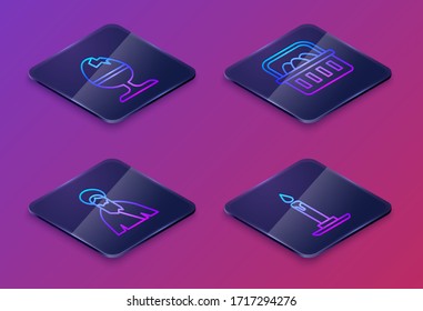 Set Isometric line Chicken egg on a stand, Jesus Christ, Basket with easter eggs and Burning candle in candlestick. Blue square button. Vector