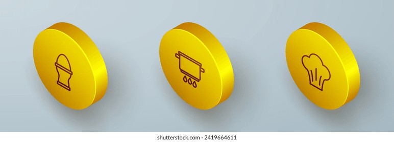 Coloque la línea isométrica de huevo de pollo en un puesto, fuego de la olla de cocina e icono del sombrero de chef. Vector