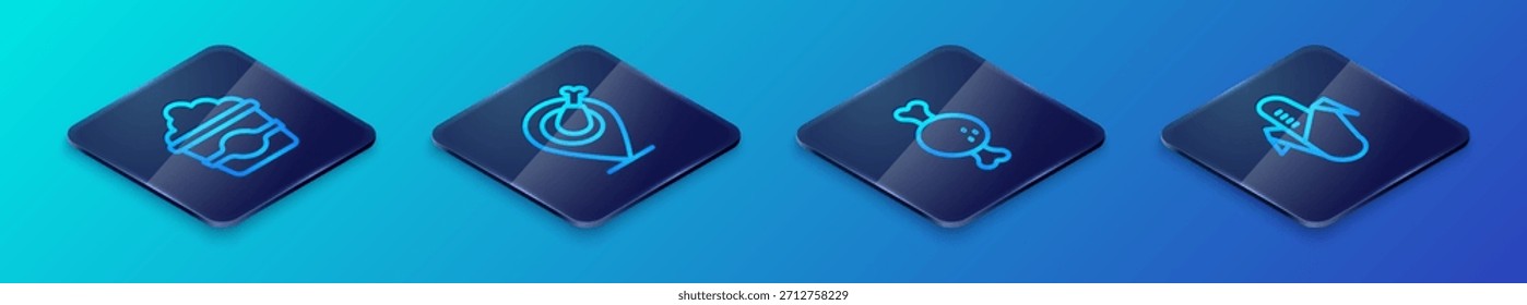 Conjunto de línea isométrica pierna de pollo, palomitas de maíz en caja de cartón, maíz e icono. Vector