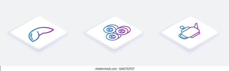 Set Isometric line Chinese fortune cookie, Sushi and Japanese tea ceremony. White square button. Vector