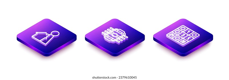 Set Isometric line Chip for board game, Table football and Bingo card icon. Vector
