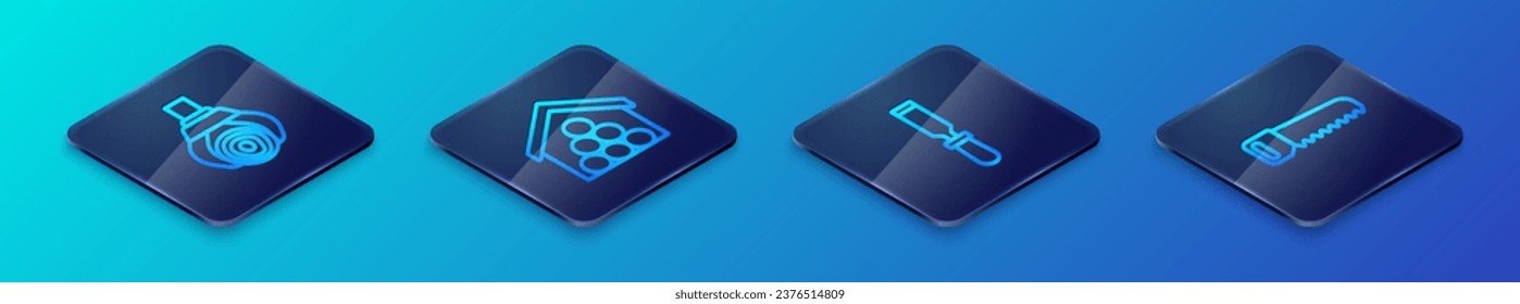 Set Isometric line Chisel tool, Grapple crane grabbed a log, Hand saw and Wooden logs icon. Vector