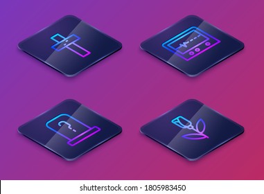 Set Isometric line Christian cross, Grave with tombstone, Beat dead in monitor and Flower rose. Blue square button. Vector