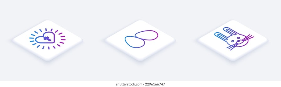 Set Isometric line Christian cross and heart, Easter eggs and Easter rabbit. White square button. Vector