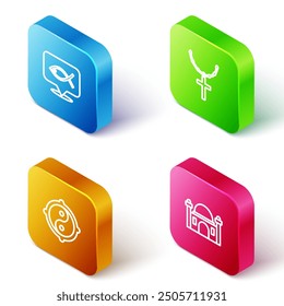 Set Isometric line Christian fish, cross on chain, Yin Yang and Muslim Mosque icon. Vector