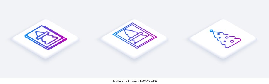 Set Isometric line Christmas book, Christmas postcard and Christmas tree with decorations. White square button. Vector