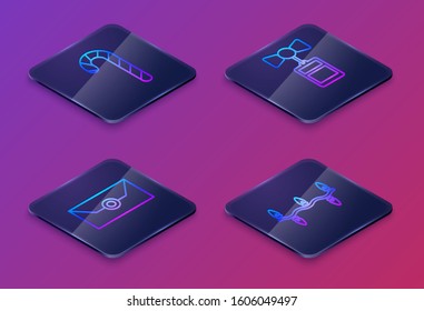 Set Isometric line Christmas candy cane with stripes, Envelope with christmas party invitation card, Price tag with an inscription Sale and Christmas lights. Blue square button. Vector