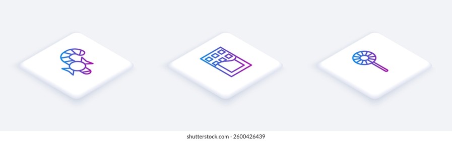 Set Isometric line Christmas candy cane, Chocolate bar and Lollipop. White square button. Vector