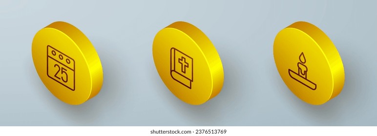 Fijar la línea isométrica calendario del día de Navidad, libro sagrado de la biblia e icono de la vela en llamas. Vector