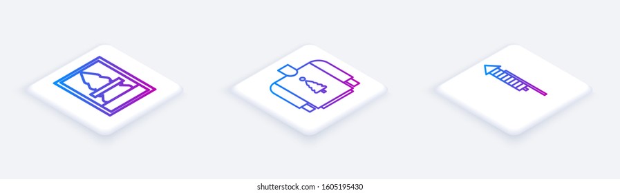 Set Isometric line Christmas postcard, Christmas sweater and Firework rocket. White square button. Vector