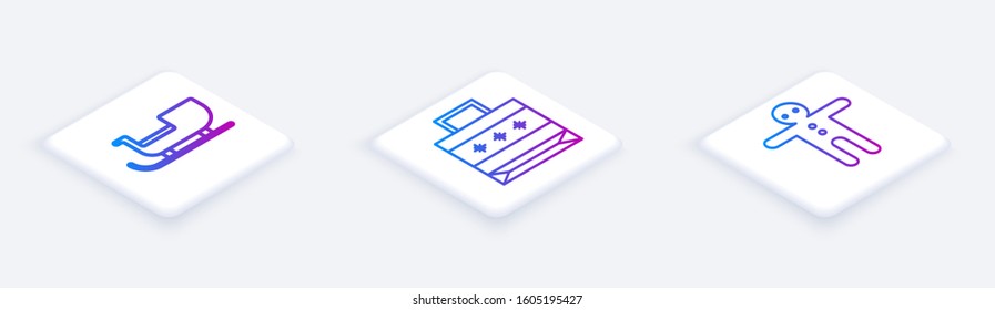 Set Isometric line Christmas santa claus sleigh, Christmas paper shopping bag and Holiday gingerbread man cookie. White square button. Vector
