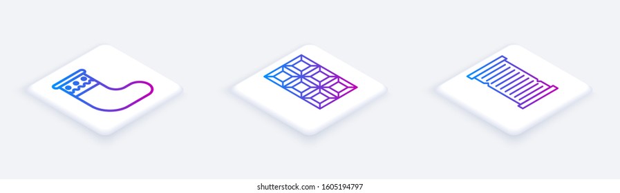 Set Isometric line Christmas stocking, Chocolate bar and Christmas wish list template. White square button. Vector