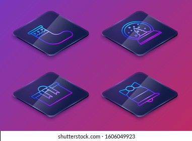 Set Isometric line Christmas stocking, Gift box, Christmas snow globe and Merry Christmas ringing bell. Blue square button. Vector