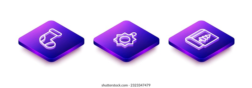 Set Isometric line Christmas stocking, toy and book icon. Vector
