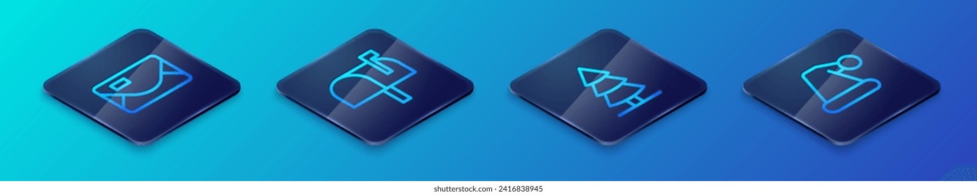Set Isometric line Christmas tree, Envelope, Santa Claus hat and Mail box icon. Vector