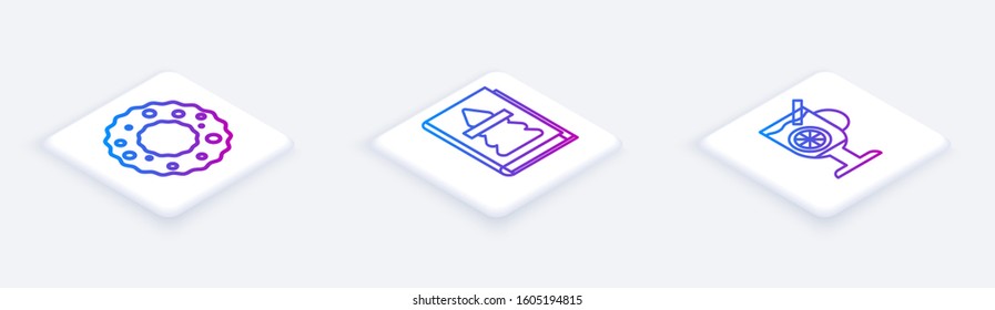 Set Isometric line Christmas wreath, Christmas book and Mulled wine with glass of drink. White square button. Vector