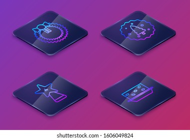 Set Isometric line Christmas wreath, Christmas star, Cookie or biscuit with chocolate and Nougat with nuts. Blue square button. Vector