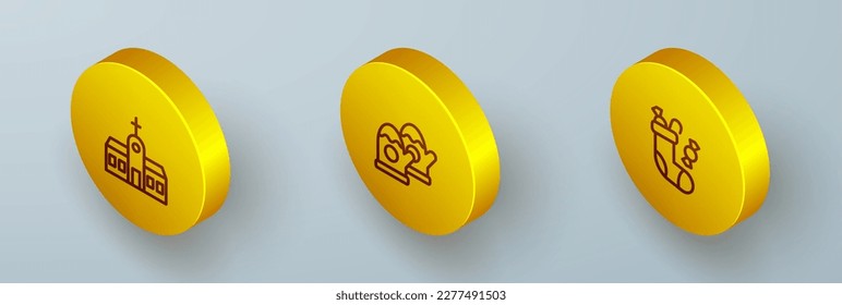 Set Isometric line Church building, Christmas mittens and stocking icon. Vector