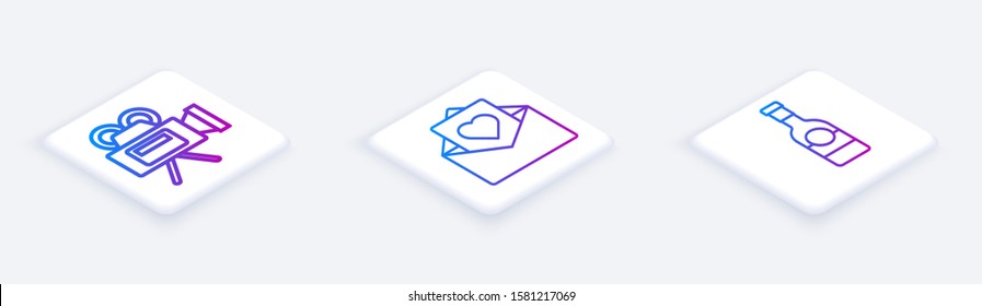 Set Isometric line Cinema camera, Envelope with Valentine heart and Champagne bottle. White square button. Vector
