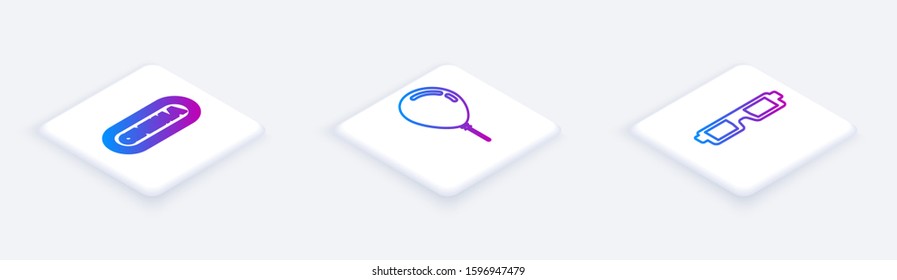 Set Isometric line Cinema poster design template , Balloon with ribbon  and 3D cinema glasses . White square button. Vector