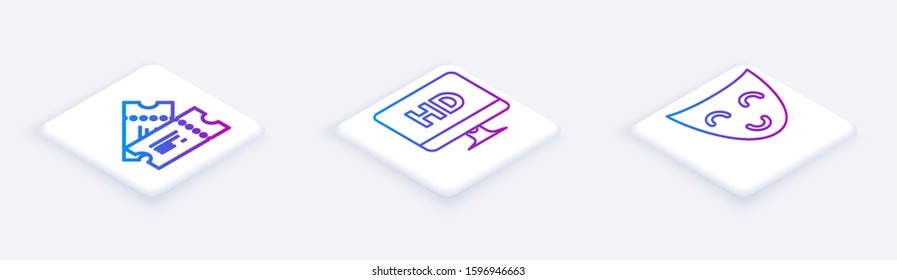 Set Isometric line Cinema ticket , Computer PC monitor with HD video technology  and Comedy theatrical mask . White square button. Vector
