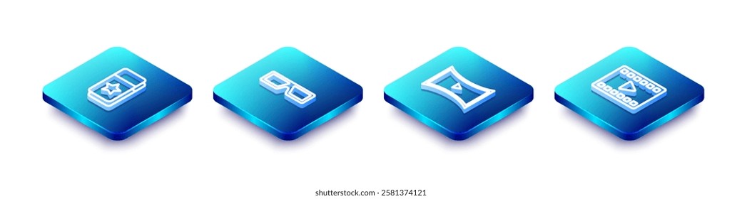 Set Isometric line Cinema ticket, 3D cinema glasses, Online play video and Play Video icon. Vector