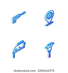 Set Isometric line Circular saw blade, Rotary hammer drill machine, Electric jigsaw and Construction jackhammer icon. Vector