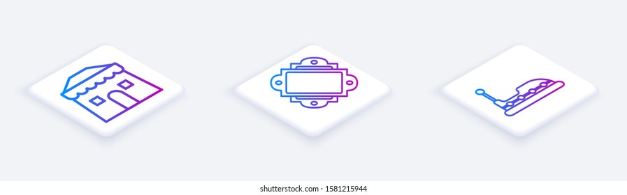 Set Isometric line Circus tent, Ticket and Bumper car. White square button. Vector