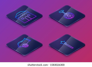 Set Isometric line Circus tent, Cannon, Unicycle or one wheel bicycle and Magic wand. Blue square button. Vector