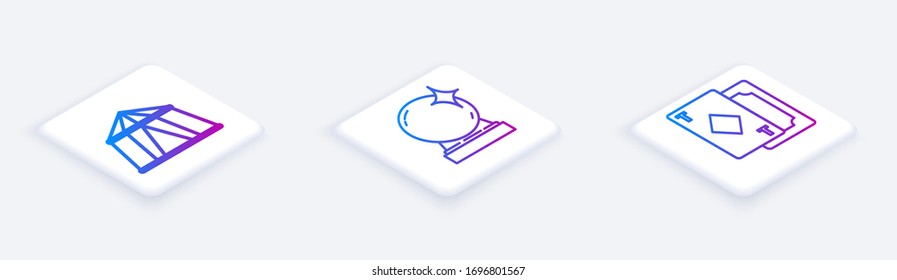 Coloque la línea isométrica tienda Circus, bola mágica y cartas de jugar. Botón cuadrado blanco. Vector