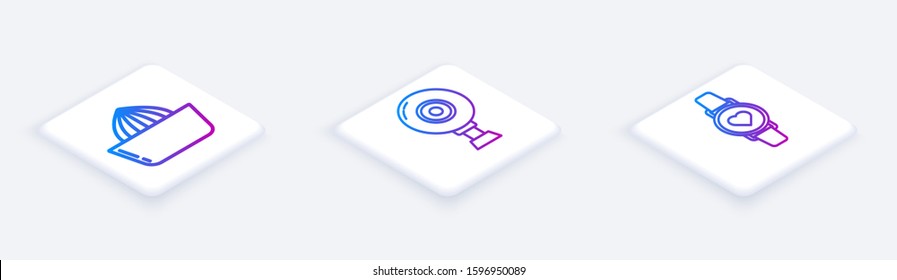 Set Isometric line Citrus fruit juicer , Web camera  and Smart watch showing heart beat rate . White square button. Vector