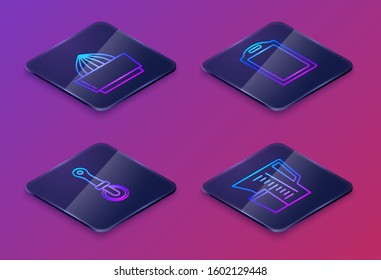 Set Isometric line Citrus fruit juicer , Pizza knife , Cutting board  and Measuring cup. Blue square button. Vector