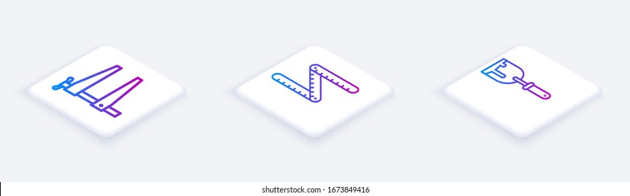 Set Isometric line Clamp tool, Folding ruler and Putty knife. White square button. Vector
