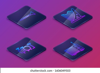 Set Isometric line Clarinet, Drums, Harp and Radio with antenna. Blue square button. Vector