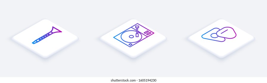 Set Isometric line Clarinet, Vinyl player with a vinyl disk and Guitar pick. White square button. Vector