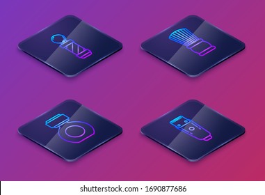 Set Isometric line Classic Barber shop pole, Aftershave, Shaving brush and Electrical hair clipper or shaver. Blue square button. Vector