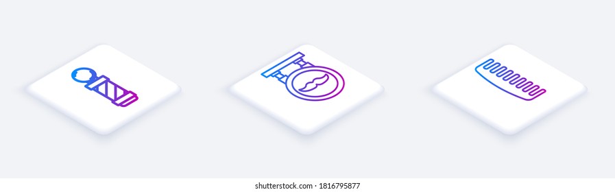 Set Isometric line Classic Barber shop pole, Barbershop and Hairbrocel. Botón cuadrado blanco. Vector