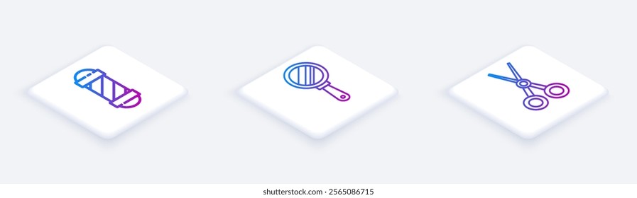 Set Isometric line Classic Barber shop pole, Hand mirror and Scissors hairdresser. White square button. Vector