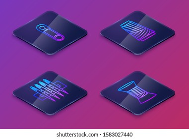 Set Isometric line Classic closed steel safety pin, Needle for sewing, Sewing thread on spool and Sewing thread on spool. Blue square button. Vector