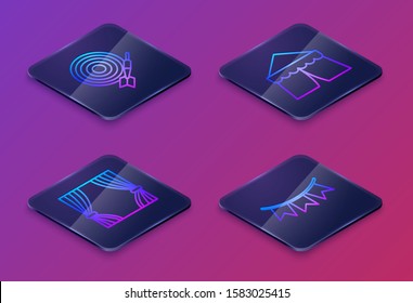 Set Isometric line Classic dart board and arrow, Curtain, Circus tent and Carnival garland with flags. Blue square button. Vector