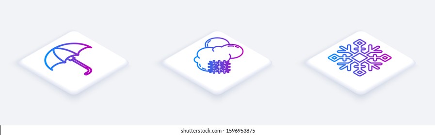 Set Isometric line Classic elegant opened umbrella, Cloud with snow and sun and Snowflake. White square button. Vector